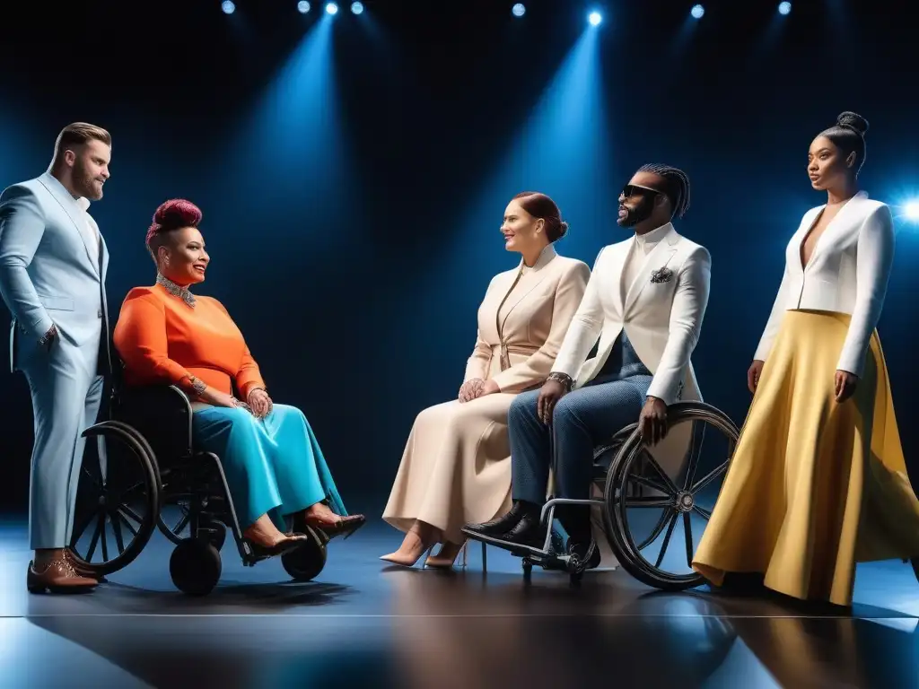 Desfile inclusivo de moda adaptativa: transformación y empoderamiento Una pasarela moderna iluminada muestra modelos con discapacidades luciendo moda adaptativa, expresando testimonios reales