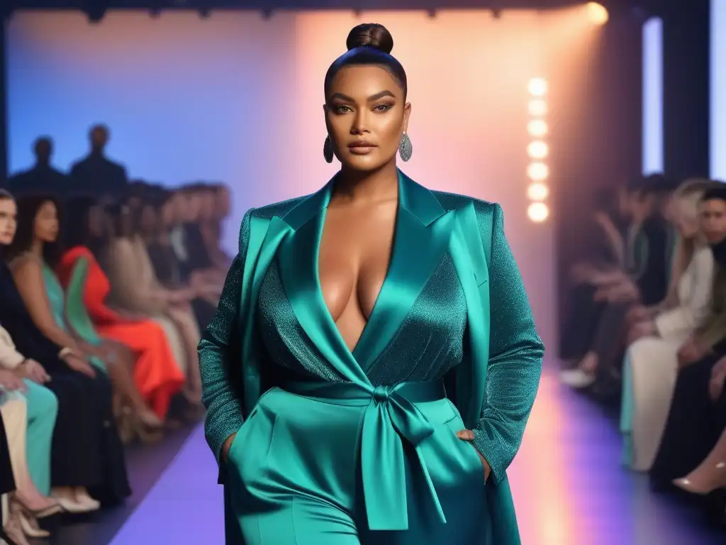 Desfile de moda inclusiva con diversidad de tallas y estilos Una pasarela moderna iluminada muestra soluciones innovadoras en moda inclusiva para todas las tallas, con modelos diversos y seguros de sí mismos