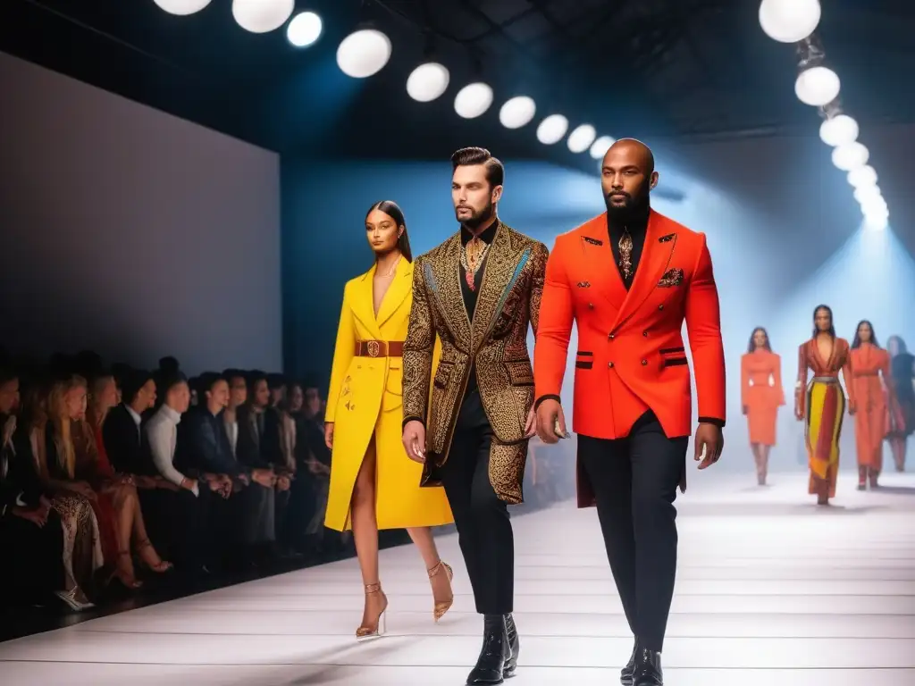 Desfile de moda diverso y vibrante de Etro Una pasarela moderna con modelos diversos luciendo diseños vibrantes de Etro