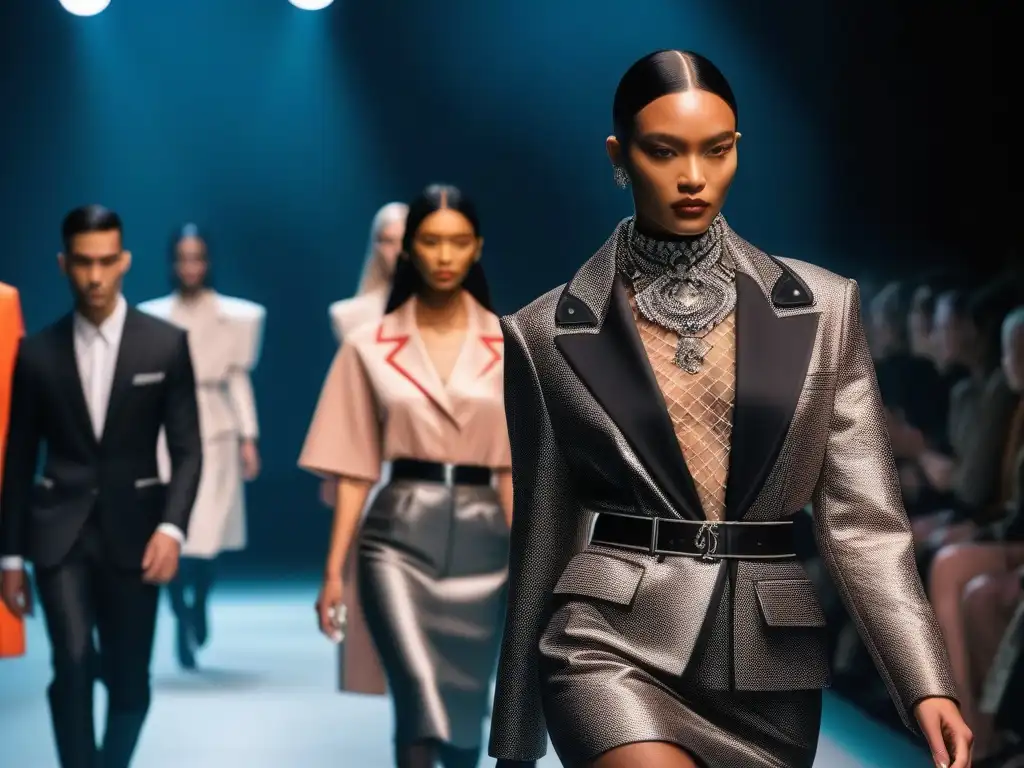 Desfile inclusivo de moda Prada: diversidad y empoderamiento Una pasarela moderna donde modelos diversos y seguros desfilan con diseños inclusivos de Prada