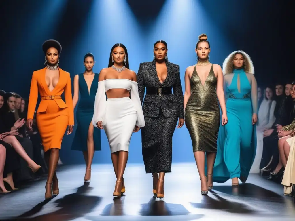 Desfile de moda inclusivo: diversidad y estilo en la pasarela Una pasarela moderna con modelos diversos de diferentes cuerpos y etnias, luciendo moda inclusiva para todos cuerpos