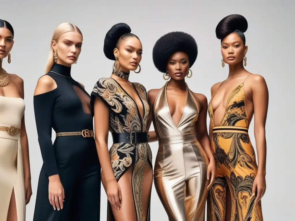 Desfile Versace: diversidad y empoderamiento en la moda Una pasarela moderna con modelos diversos mostrando moda Versace en tallas especiales, piel y habilidades, reflejando inclusividad