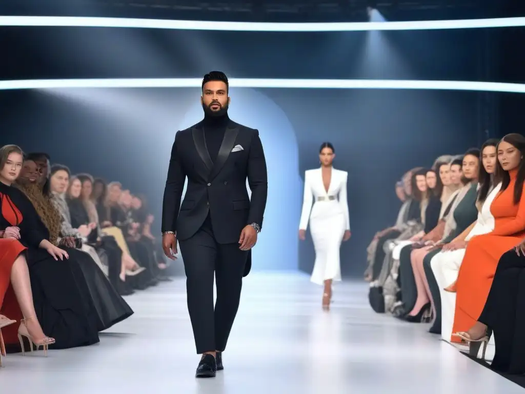 Desfile de moda inclusiva: Diseños adaptativos en pasarela innovadora Una pasarela moderna y vibrante con modelos diversos luciendo diseños de moda inclusiva para todos cuerpos