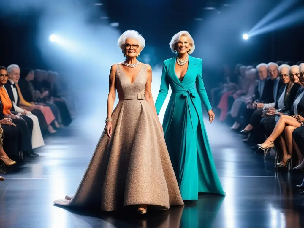 Desfile de moda senior: elegancia y diversidad en la pasarela Una pasarela de moda senior, diversidad y elegancia en edad, con estilos únicos y seguros
