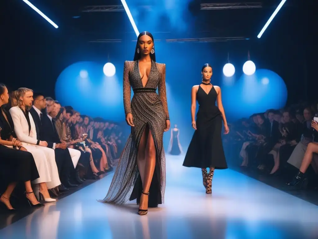 Desfile de moda innovador con diseñadores diversos Una pasarela vibrante y diversa con diseñadores innovadores de moda diversa desfilando con diseños vanguardistas
