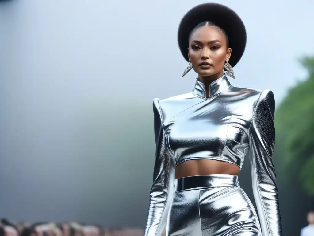 Pasarela de moda inclusiva y vanguardista en escenario futurista Una pasarela vibrante y diversa en un escenario futurista, modelos de diferentes etnias y edades lucen diseños avantgarde