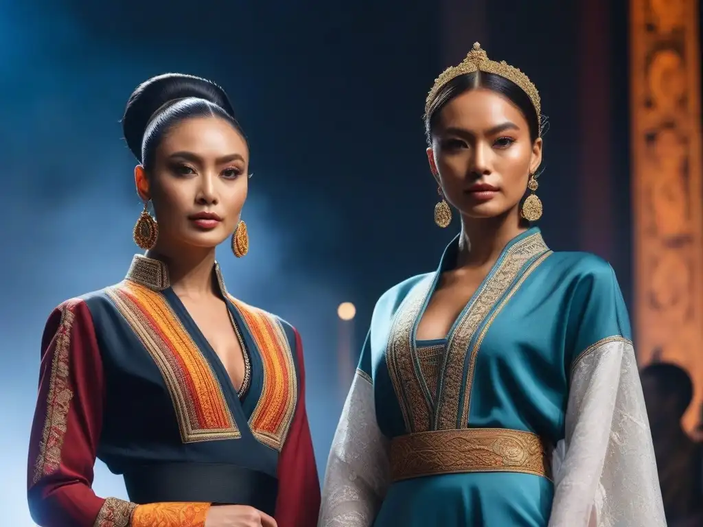 Pasarela multicultural: moda tradicional y moderna en armonía Una pasarela vibrante y diversa de modelos de moda de diferentes culturas, fusionando atuendos tradicionales con diseños modernos