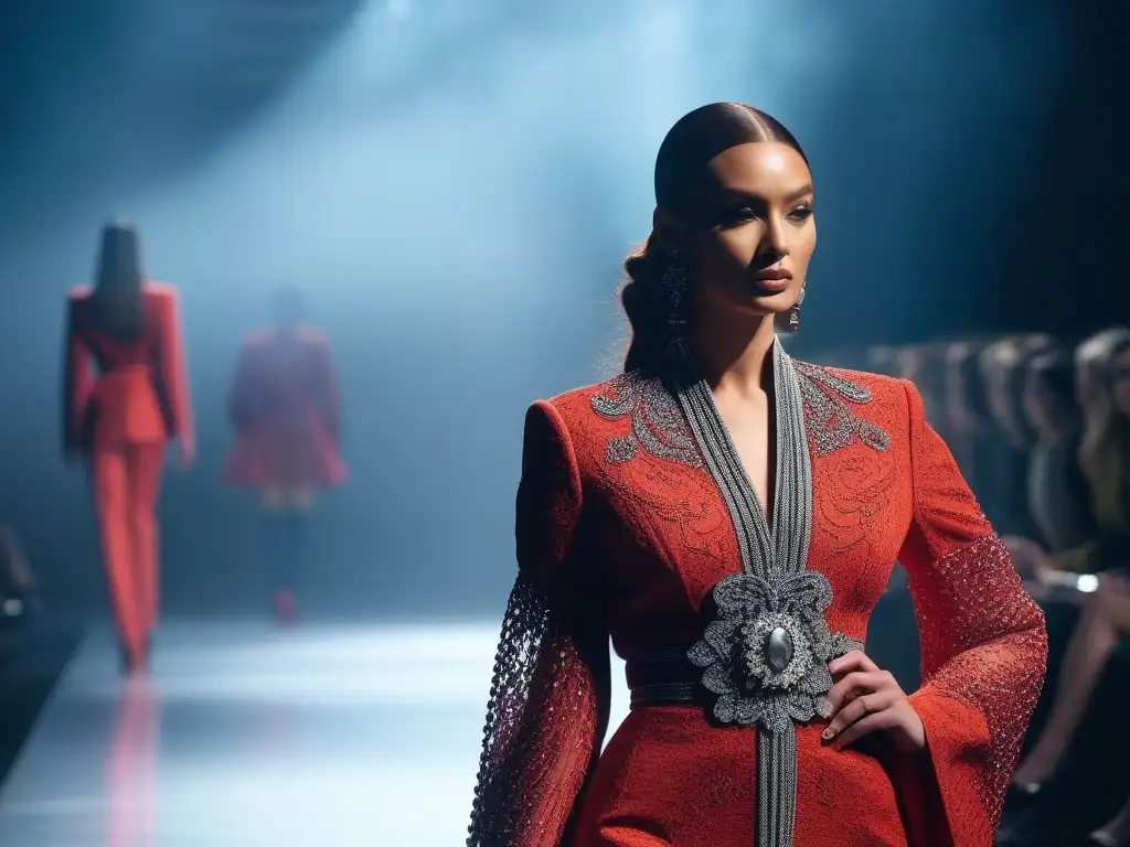 Desfile inclusivo y vibrante: moda futurista celebra la diversidad Una pasarela vibrante y diversa con modelos de todas las formas y tamaños desfilando confiadamente en diseños de moda inclusiva futurista