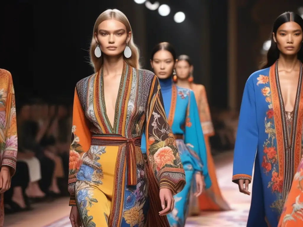 Desfile Étnico y Vibrante de Etro: Celebrando la Diversidad en la Moda Una pasarela vibrante y diversa con modelos de diferentes tipos de cuerpo, edades y etnias luciendo la última colección de Etro