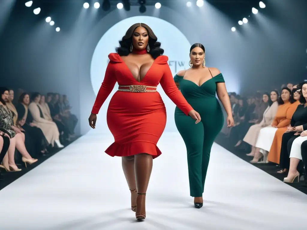 Desfile de moda plus size: diversidad y empoderamiento en la pasarela Una pasarela vibrante y empoderadora con modelos de tallas grandes exhibiendo moda única