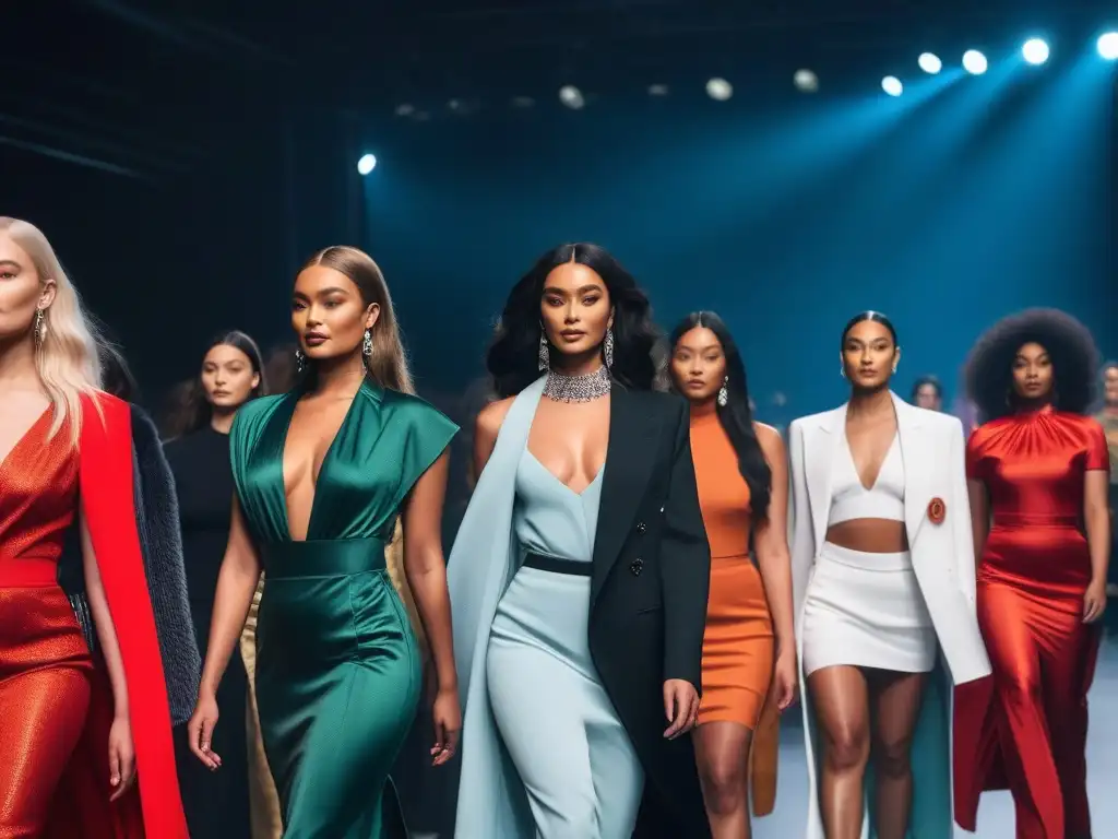 Desfile inclusivo: moda diversa y empoderada Una pasarela vibrante en Ámsterdam con moda inclusiva, modelos diversos desfilan con gracia y confianza mientras la multitud aplaude