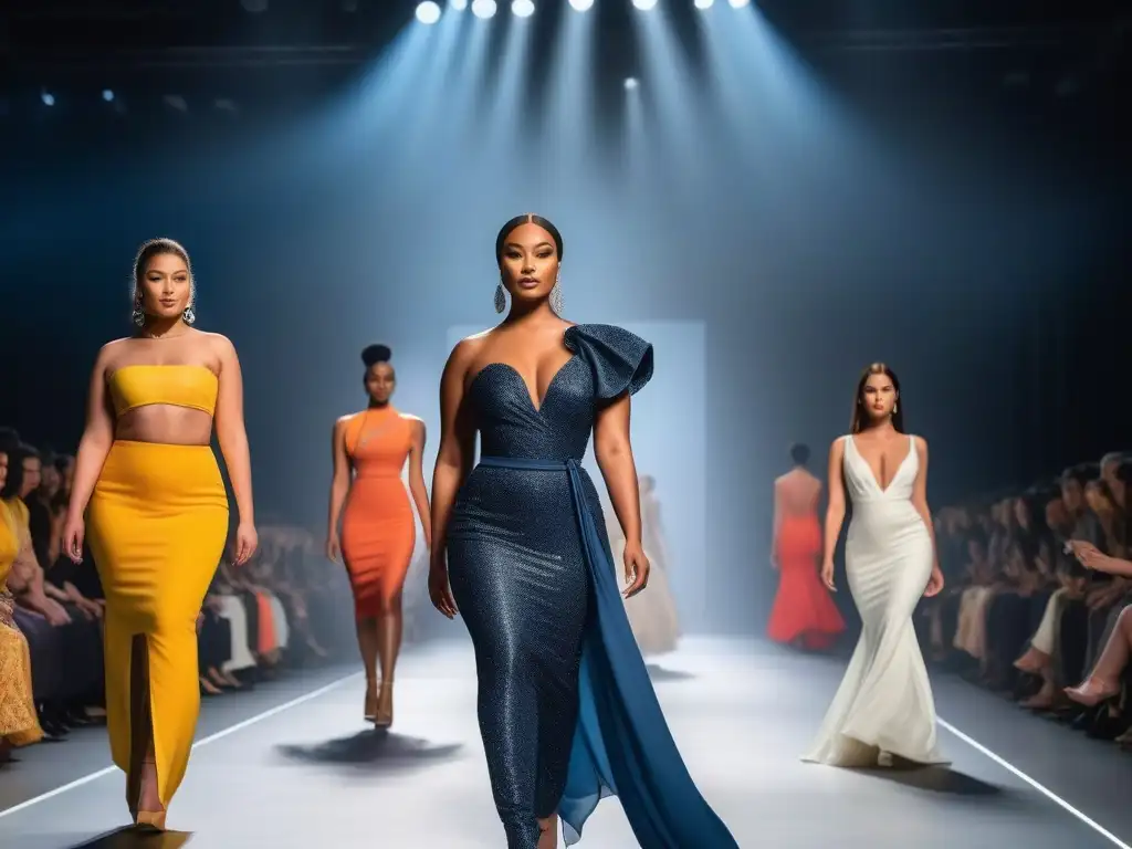 Pasarela inclusiva: diversidad y moda en un desfile inspirador Una pasarela vibrante con moda inclusiva para todos cuerpos, modelos diversos desfilan con confianza mientras espectadores celebran