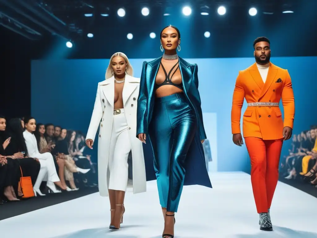 Pasarela inclusiva: moda diversa y vibrante Una pasarela vibrante con modelos diversos desfilando en atuendos únicos