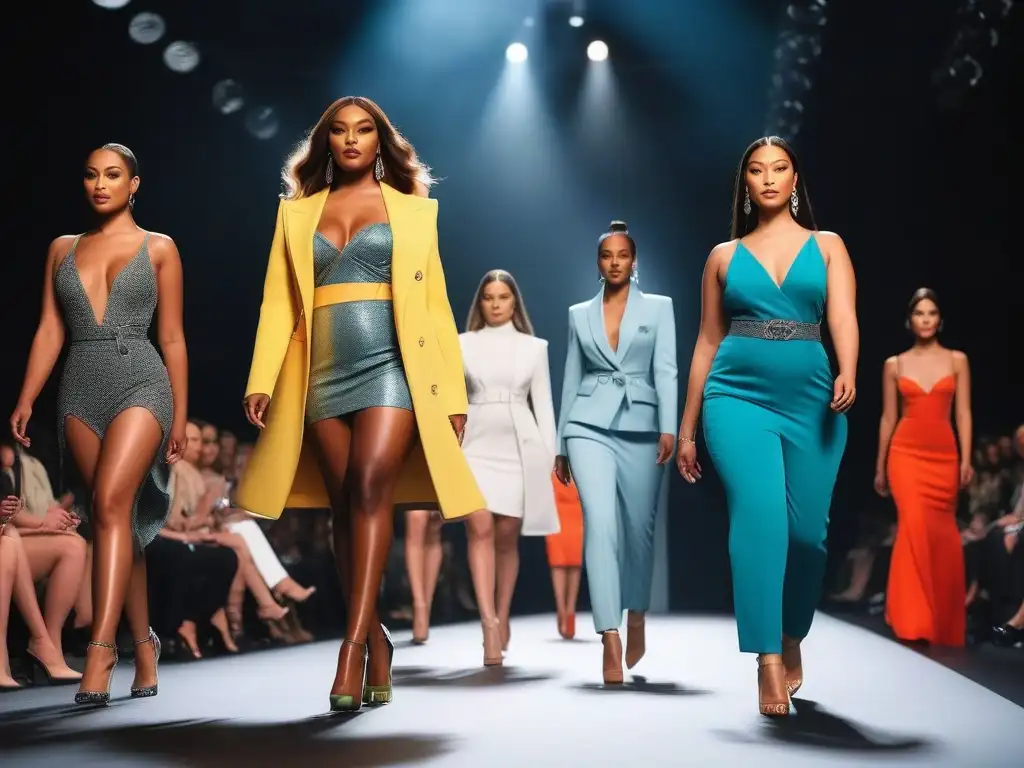 Desfile de moda inclusiva: modelos petites lucen outfits únicos y empoderados Una pasarela vibrante con modelos diversas luciendo moda inclusiva para todas las tallas, desprendiendo empoderamiento y estilo