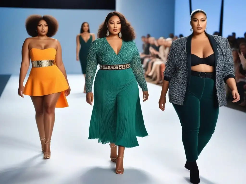 Desfile inclusivo: celebrando la diversidad en la moda Una pasarela vibrante con modelos diversos desfilando con moda inclusiva para todos cuerpos, rodeados de espectadores alegres