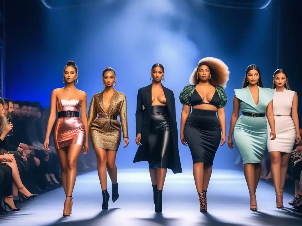 Desfile de moda inclusivo para tallas pequeñas Una pasarela vibrante con modelos pequeñas desfilando con moda inclusiva para todas las tallas