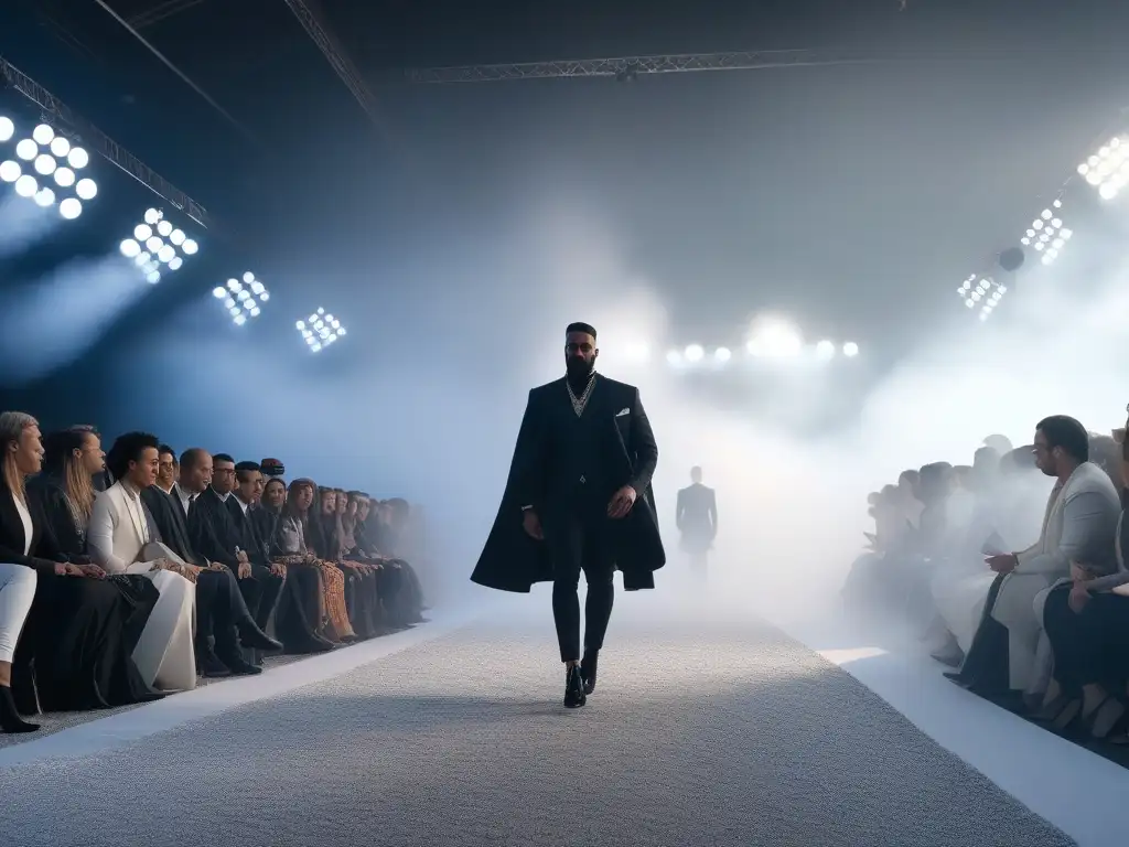 Desfile inclusivo: moda innovadora en tela elástica Una pasarela vibrante con modelos diversos luciendo prendas de tejidos elásticos para moda inclusiva, rodeados de espectadores emocionados