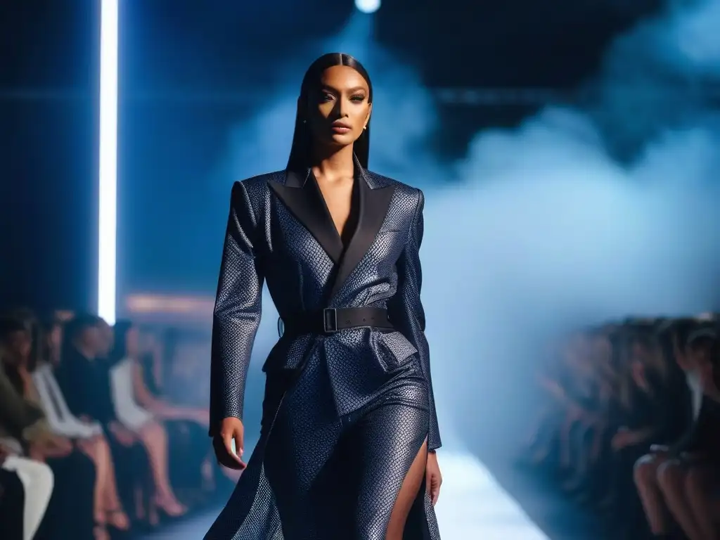 Desfile inclusivo: moda diversa y empoderada en pasarela futurista Una pasarela vibrante y moderna con modelos diversos exhibiendo la moda inclusiva, reflejando la historia transgénero con estilo y empoderamiento
