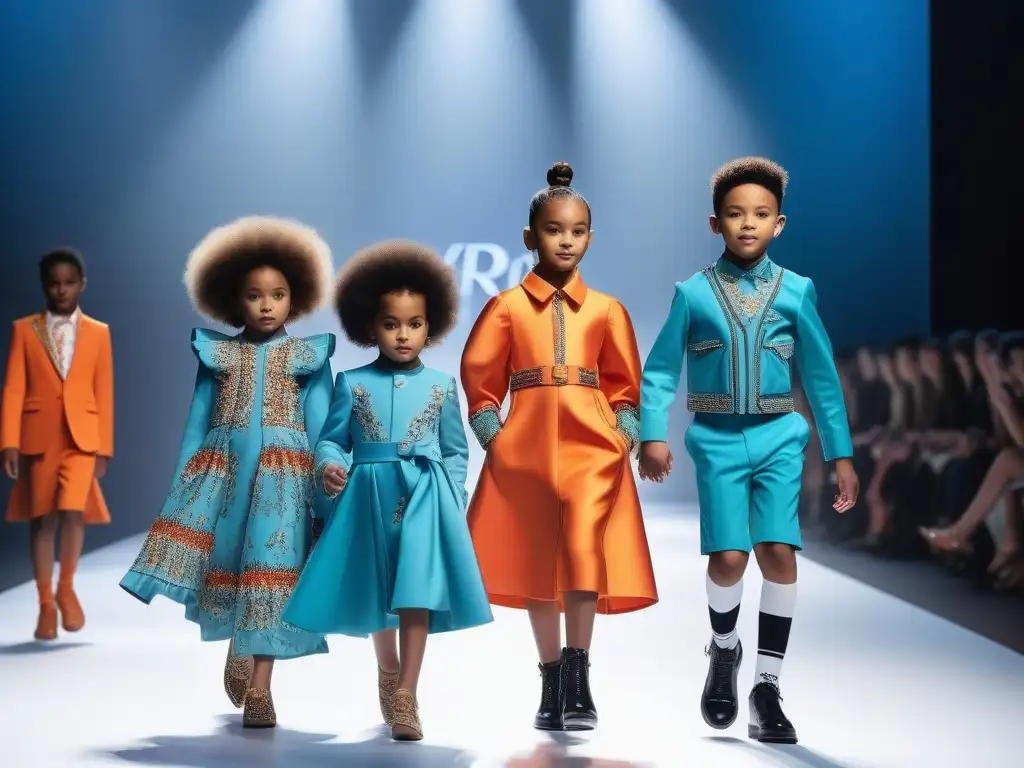 Desfile de moda infantil inclusivo y futurista Una pasarela vibrante con niños exhibiendo moda inclusiva de diseñadores emergentes en moda infantil