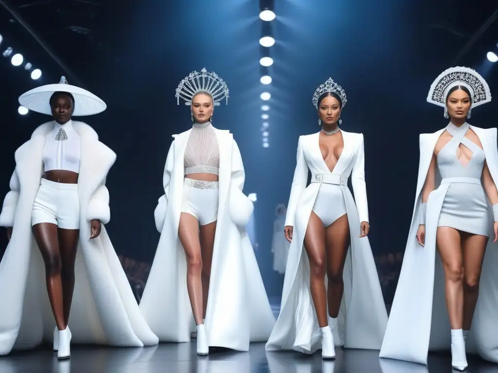 Desfile de moda inclusivo y futurista con modelos diversos Una pasarela virtual de moda inclusiva con modelos diversos desfilando con confianza en lujosas prendas de diseñador