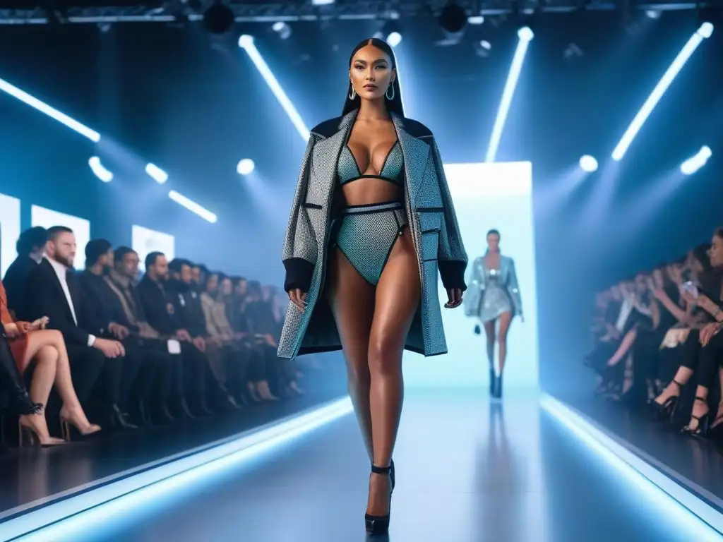 Fashion Show Virtual: Fusión Tecnología y Diversidad Una pasarela virtual con moda inclusiva y modelos diversos desfilando con confianza