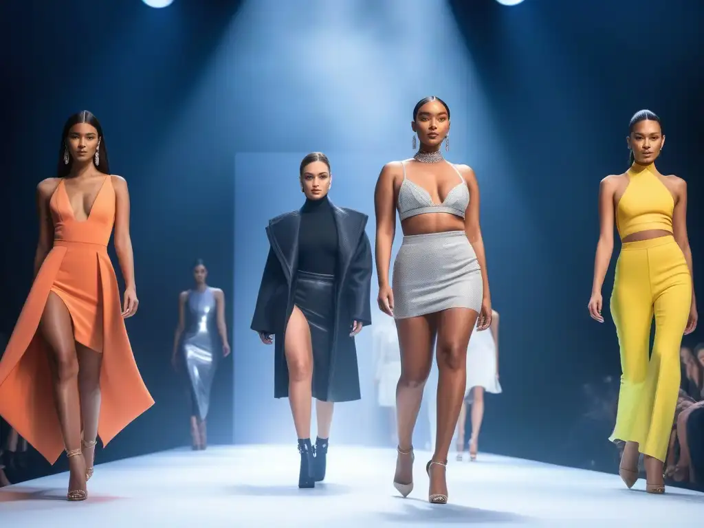 Desfile inclusivo: moda diversa en pasarela digital Una pasarela virtual con modelos diversos y fashion-forward, resaltando la moda inclusiva