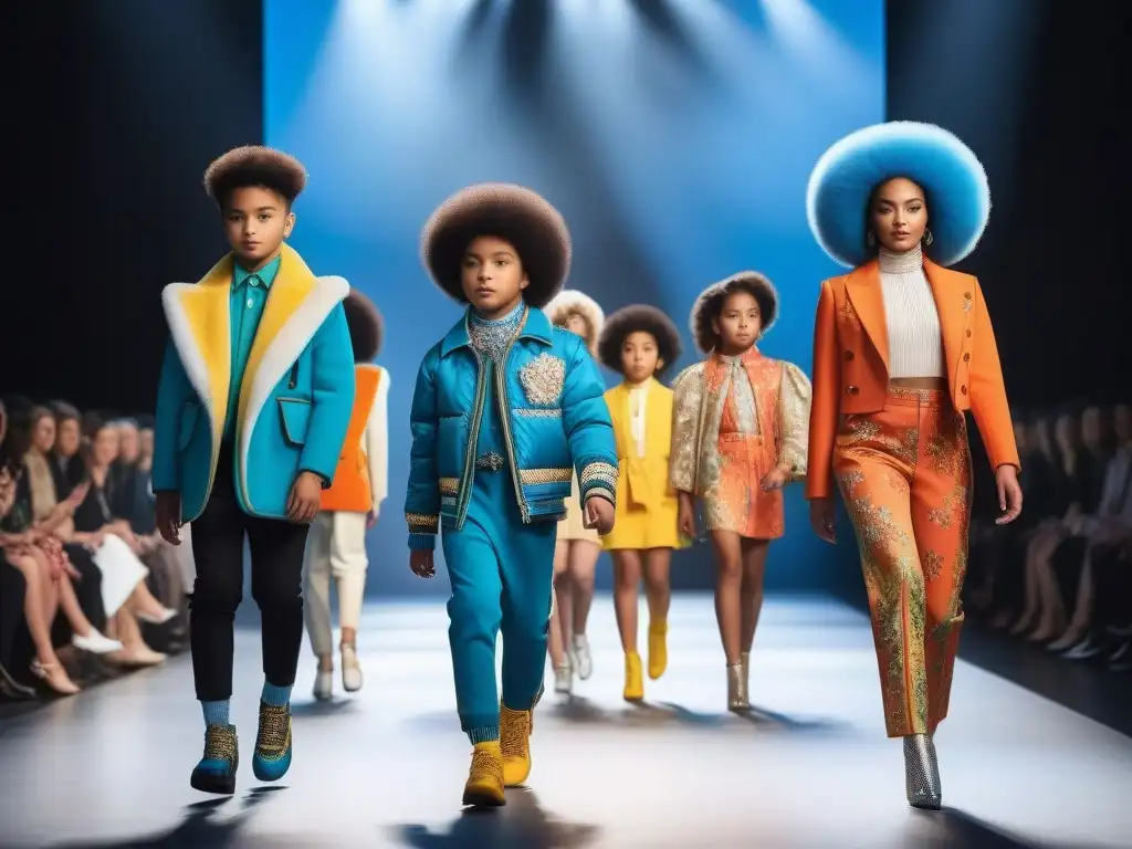 Desfile inclusivo: moda infantil diversa y colorida Inclusión en pasarelas infantiles moda: Niños diversos y seguros desfilan con estilo y colorido, mostrando la belleza de la representación en la moda
