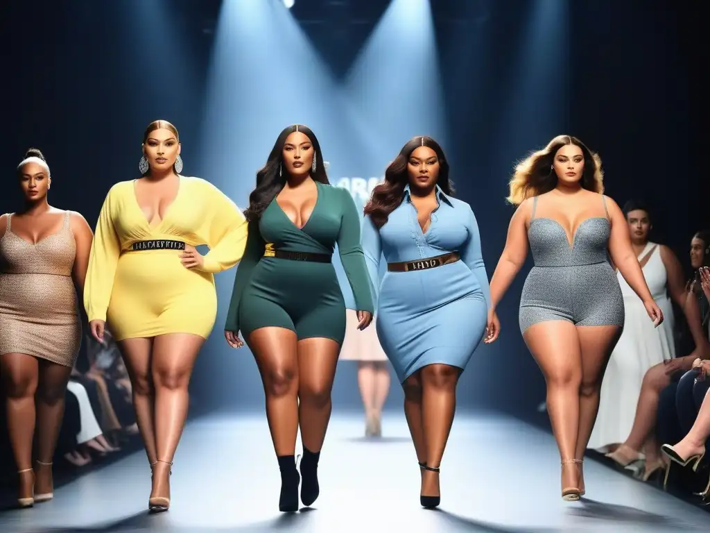 Desfile de Moda Plus Size: Empoderamiento y Diversidad Pasarelas de moda plus size: modelos desfilan con confianza, empoderamiento y estilo, aplaudidos por una multitud diversa