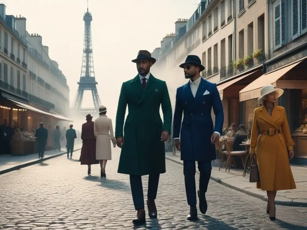 Desfile de moda en París: diversidad y elegancia en las calles Un paseo por París: diversidad y elegancia en una calle adoquinada, con la Torre Eiffel al fondo