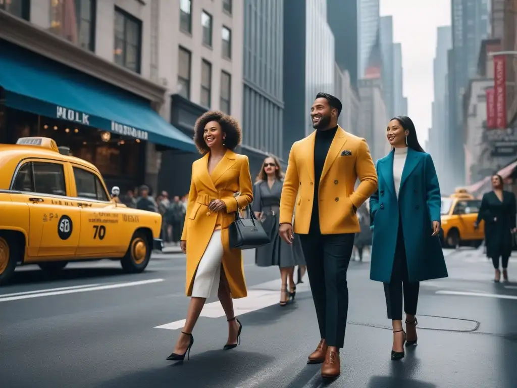 Diversidad y lujo en NYC: grupo elegante caminando por la ciudad Un paseo por las tiendas de ropa diversidad NYC: grupo variado sonriente camina en la vibrante calle neoyorquina