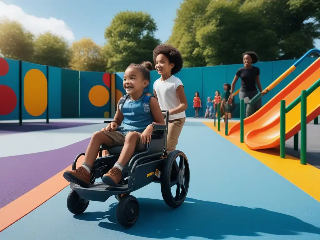 Parque inclusivo: niños disfrutan juntos de la diversidad y la alegría Un patio inclusivo y moderno donde niños de diversas habilidades y orígenes juegan alegremente