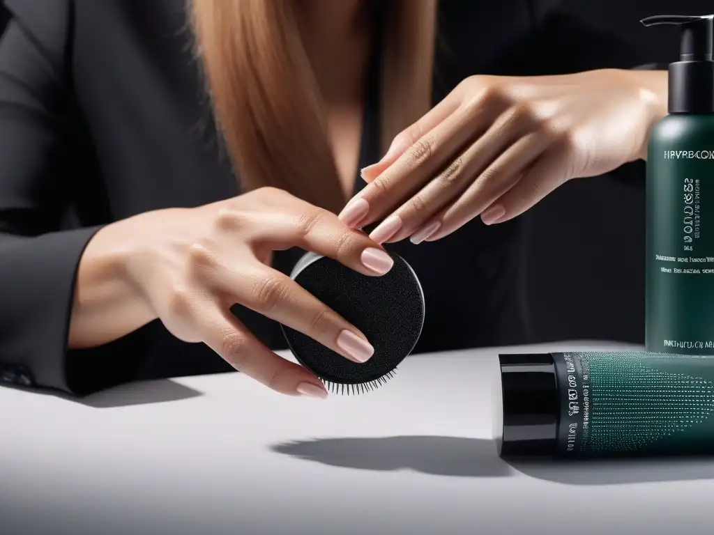 Tratamiento capilar de lujo: manos expertas cuidan el cabello rebelde Una peluquera aplica con delicadeza un tratamiento capilar a un mechón rebelde