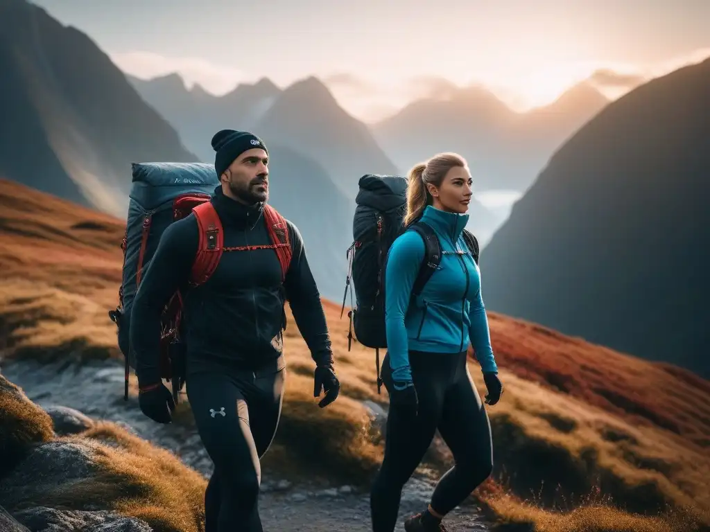 Pequeñas guerreras conquistan la cumbre al atardecer Pequeños aventureros celebran en la cima de la montaña al atardecer con equipamiento fitness outdoor todas tallas