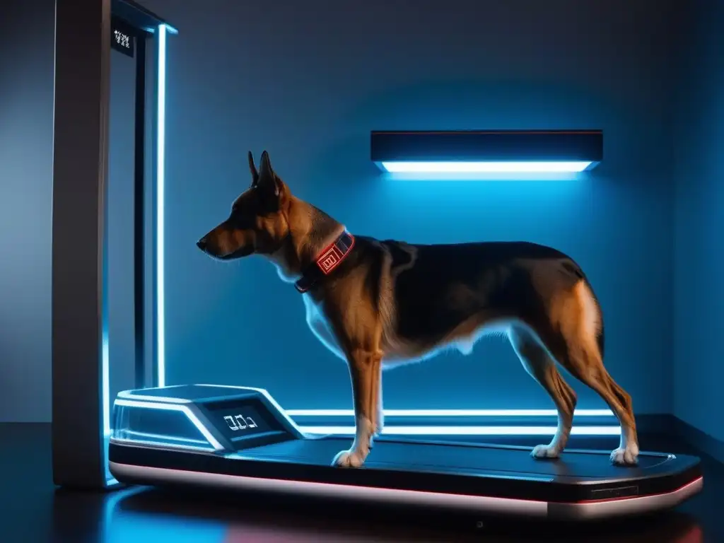 Trotadora futurista para mascotas: lujo y tecnología Un perro feliz y bien cuidado corre en una cinta de ejercicio futurista en una lujosa habitación para mascotas