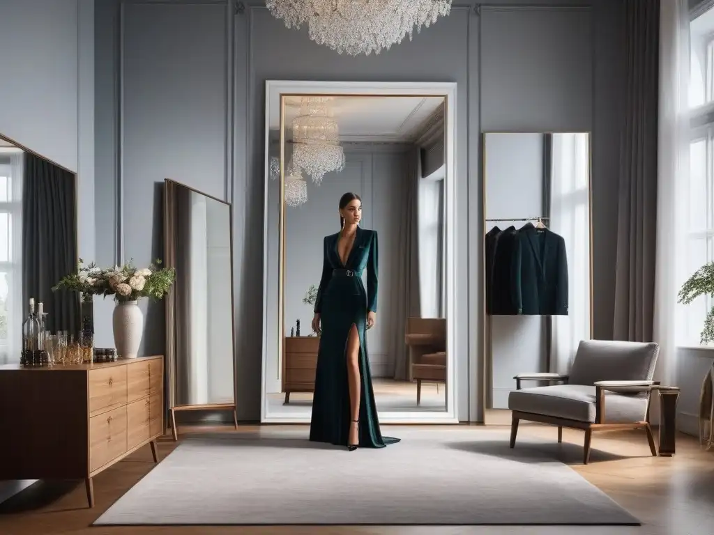 Estilo y elegancia: figura alta en vestidor minimalista Persona alta ajustando accesorio frente al espejo en vestidor minimalista con ropa elegante
