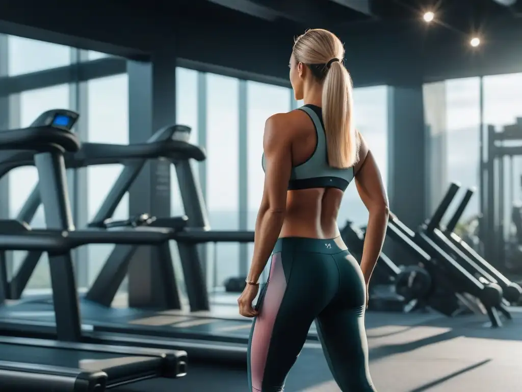 Entrenamiento preciso y elegante en gimnasio moderno Una persona alta y delgada realizando ejercicios con precisión y determinación en un gimnasio moderno y luminoso