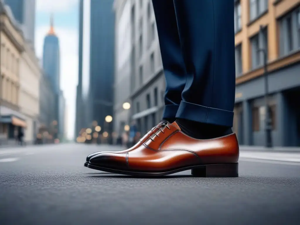 Zapatos de lujo para hombres altos: elegancia y confianza en la ciudad Persona alta camina con elegancia por la ciudad luciendo zapatos de lujo para tallas especiales, simbolizando sofisticación y empoderamiento