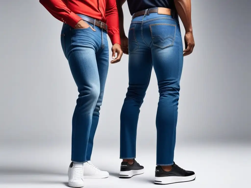 Estilo impecable: jeans de lujo para personas altas Una persona alta y elegante luce con confianza unos jeans de las mejores marcas de jeans altos, destacando su estilo y calidad