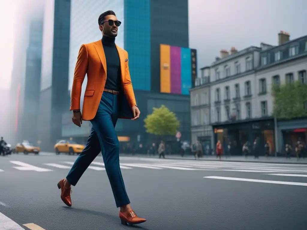 Moda urbana 2023: Elegante y seguro en la ciudad Persona alta elegante camina con confianza en la ciudad 2023