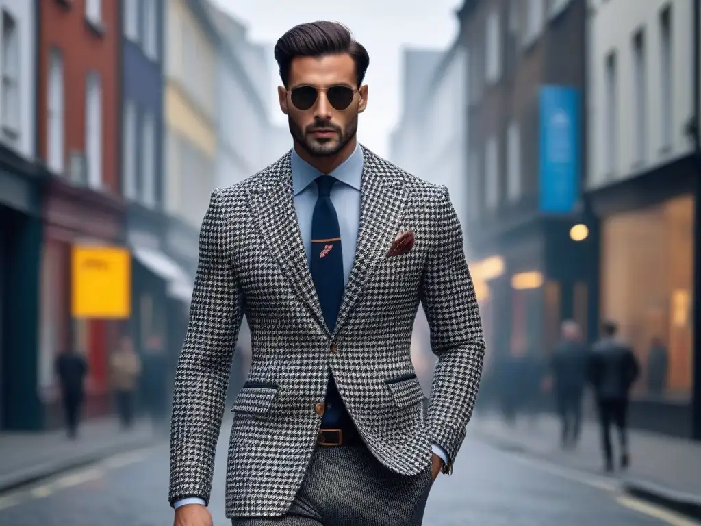 Moda urbana: Elegancia geométrica en la ciudad Persona alta y elegante combinando estampados y texturas en moda urbana, caminando con confianza por la ciudad