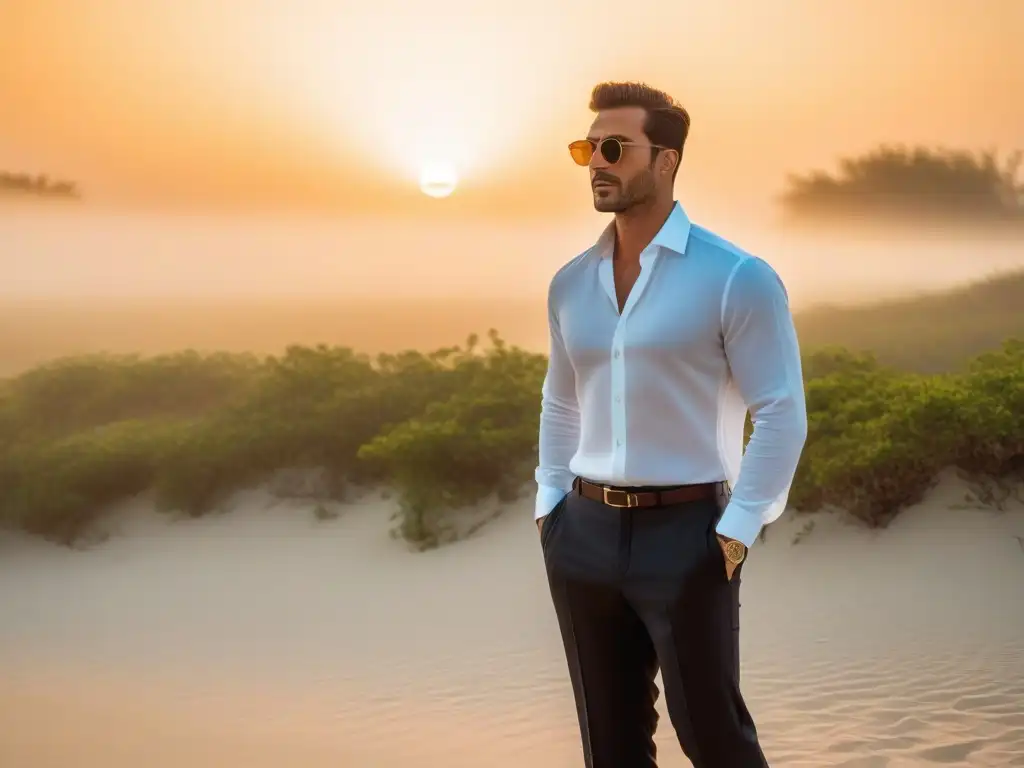 Elegante persona en la playa al atardecer Persona alta elegante en la playa al atardecer con ropa verano, transmitiendo serenidad y estilo aspiracional