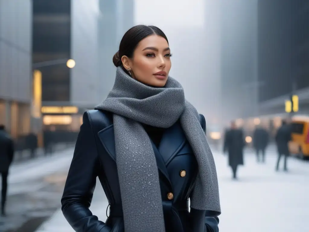 Figura elegante en la nieve: moda urbana invernal Persona alta con elegante ropa de invierno en la nieve, reflejando sofisticación urbana