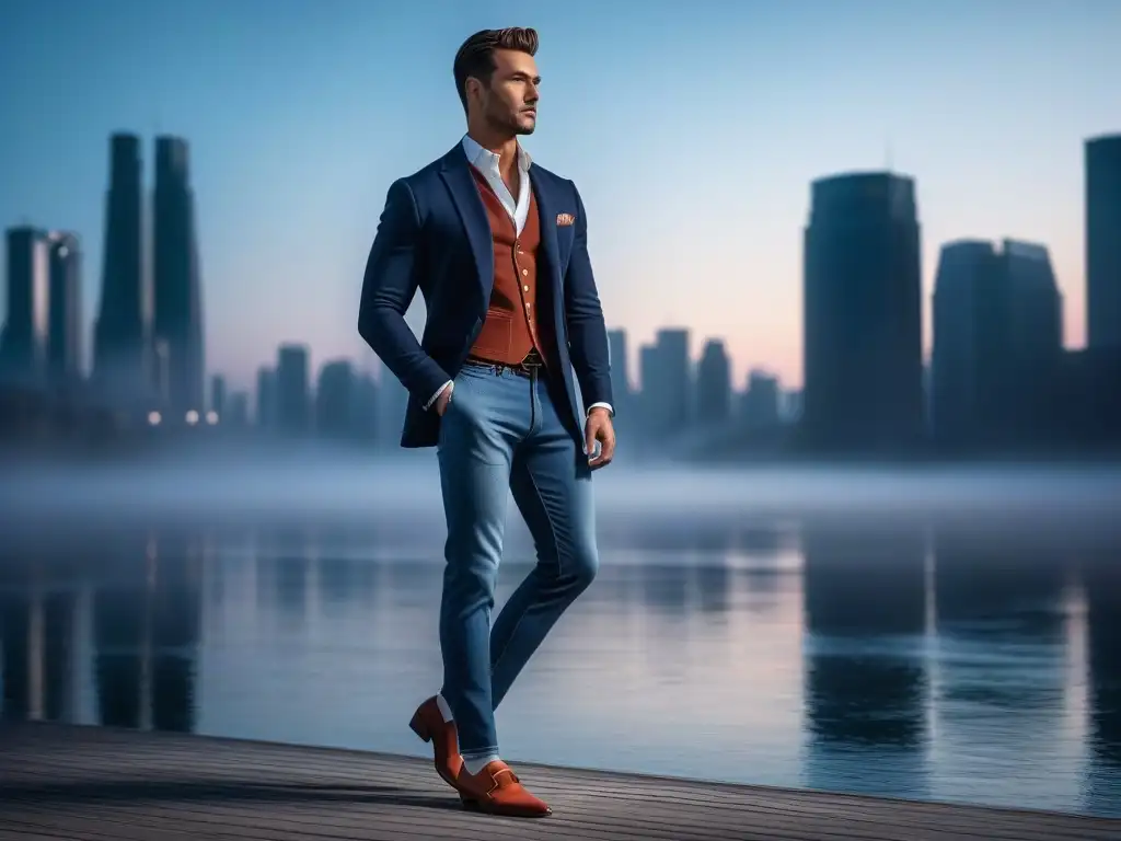 Estilo urbano: jeans ideales para personas altas Persona alta con jeans perfectos que alargan piernas, blazer elegante y zapatillas