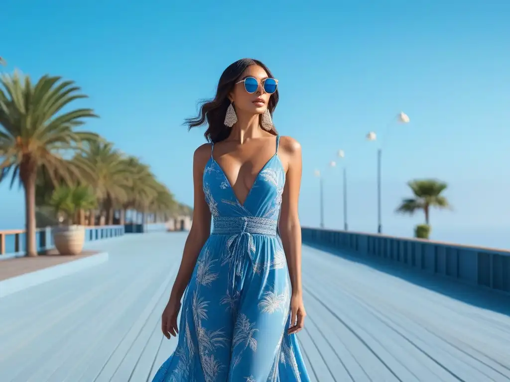 Alta elegancia veraniega en el paseo marítimo bajo el sol Persona alta luciendo moda verano tallas altas con estilo en un paseo marítimo soleado y vibrante