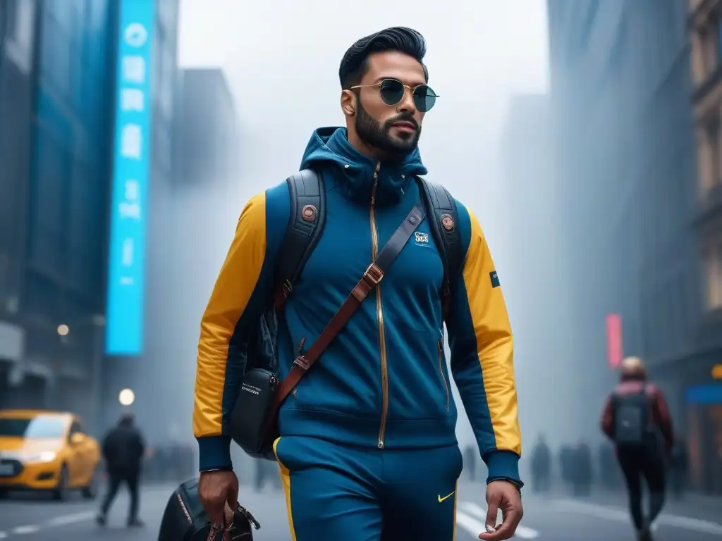 Alta tecnología para personas altas: moda urbana futurista Persona alta y moderna con gadgets de moda para alturas, recorriendo una ciudad futurista