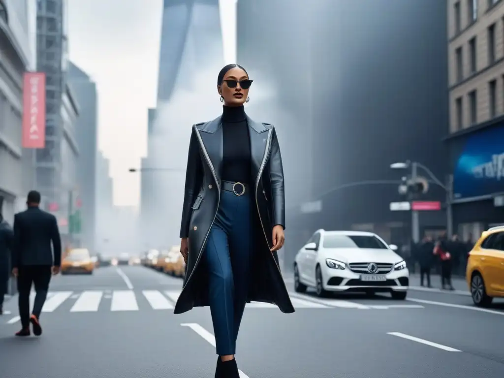 Alto y chic: moda urbana para personas altas deslumbra en la ciudad Una persona alta y segura camina por una bulliciosa calle de la ciudad, luciendo un atuendo chic que resalta su estatura