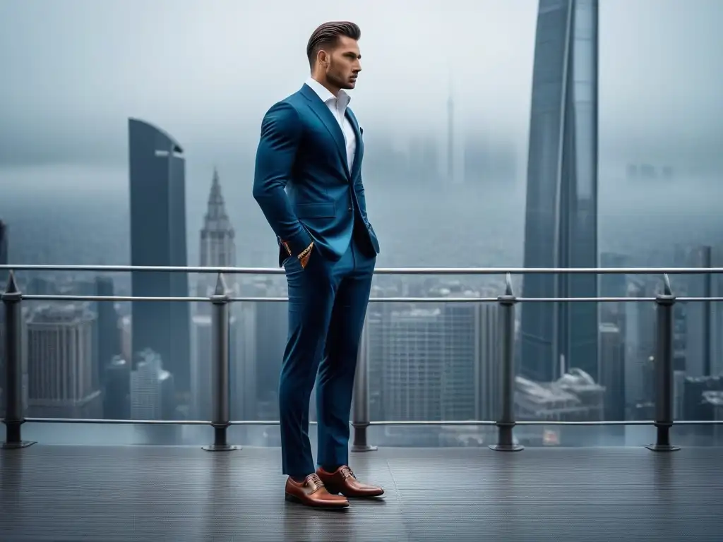 Elegancia y confianza: moda para personas altas en la ciudad Persona alta segura, elegante en traje, reloj y zapatos de cuero, en ciudad