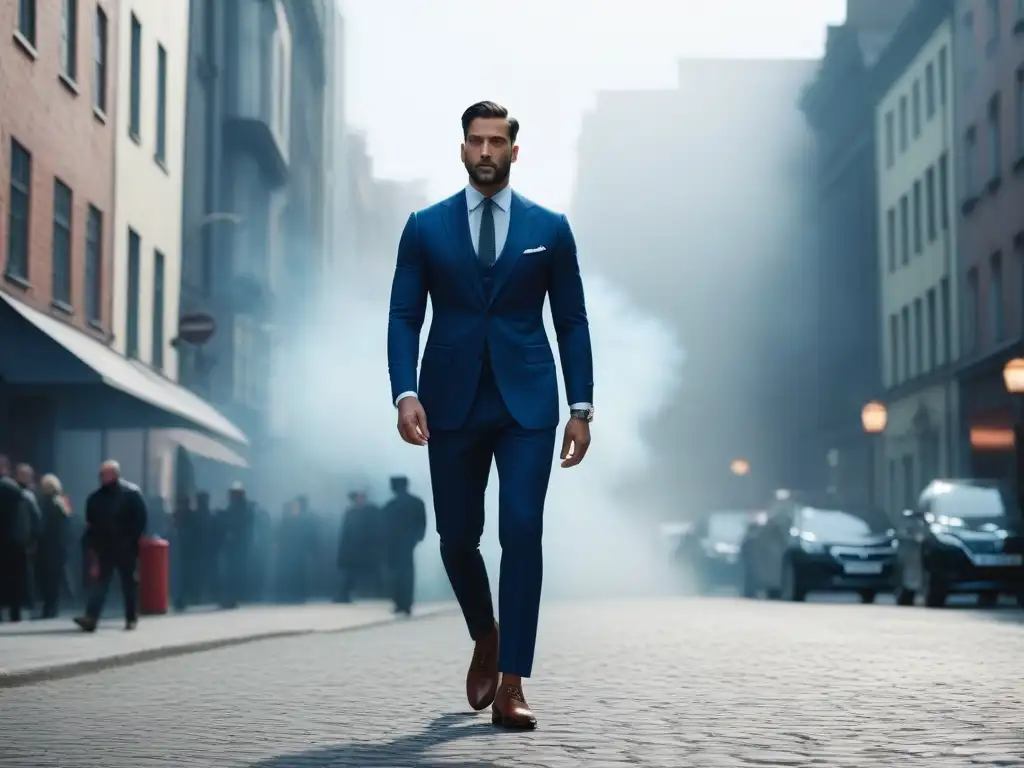 Estilo impecable: traje a medida para hombres altos Persona alta con traje impecable camina con confianza en la ciudad