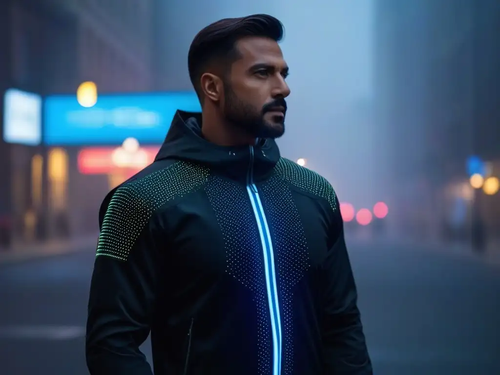 Chaqueta futurista con sensores de salud integrados Persona con chaqueta futurista y sensores de colores que monitorean la salud