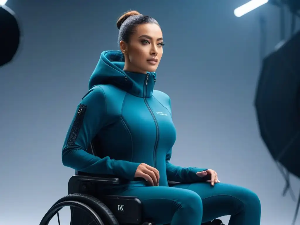 Moda adaptativa innovadora para personas con discapacidad Una persona con discapacidad viste ropa adaptable en un estudio de moda futurista con tecnología innovadora